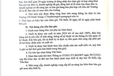 THƯ MỜI CHÀO GIÁ MUA SẮM THIẾT BỊ GIÁO DỤC – NĂM HỌC 2025-2026